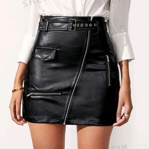SHEIN Essnce Zipper Front Flap Detail Buckle Belted PU Leather Skirt